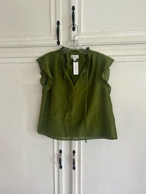 Velvet beautiful lime green ruffle neck flutter sleeve v neck blouse